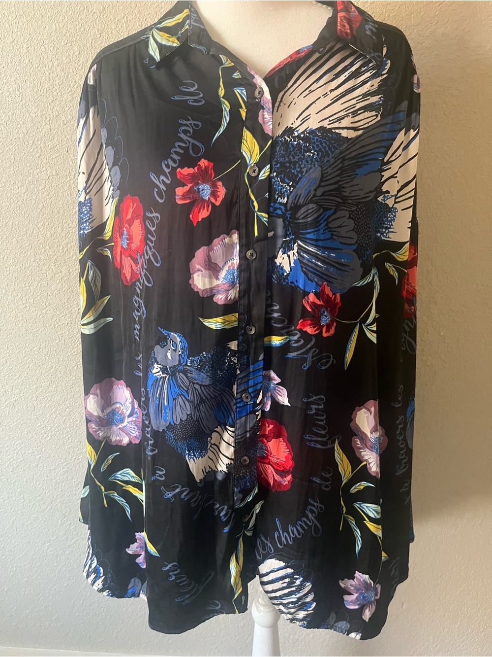 Free People "Silky Nights" Graphic Floral Tunic Blouse